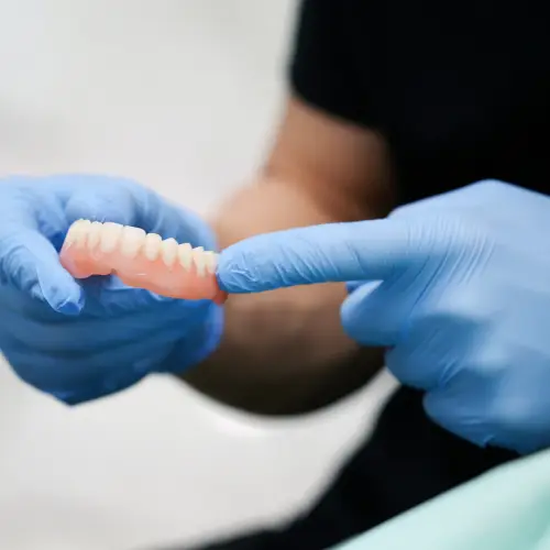 a person in a dentist's office holding a denture Sherman TX