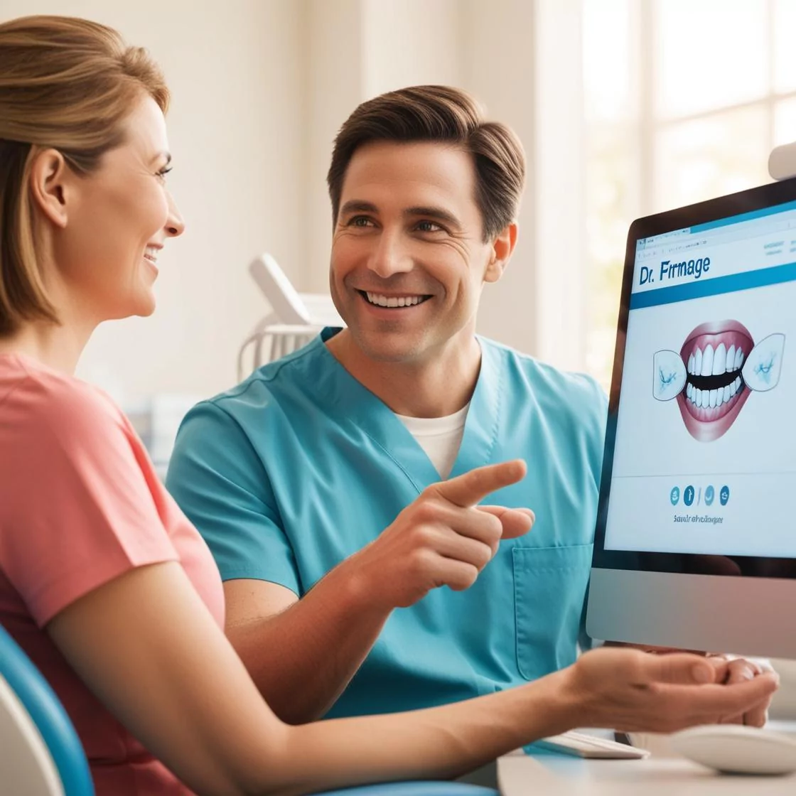 friendly, inviting photo of dentist speaking with a patient during a consultation, perhaps pointing at a smile design on a screen