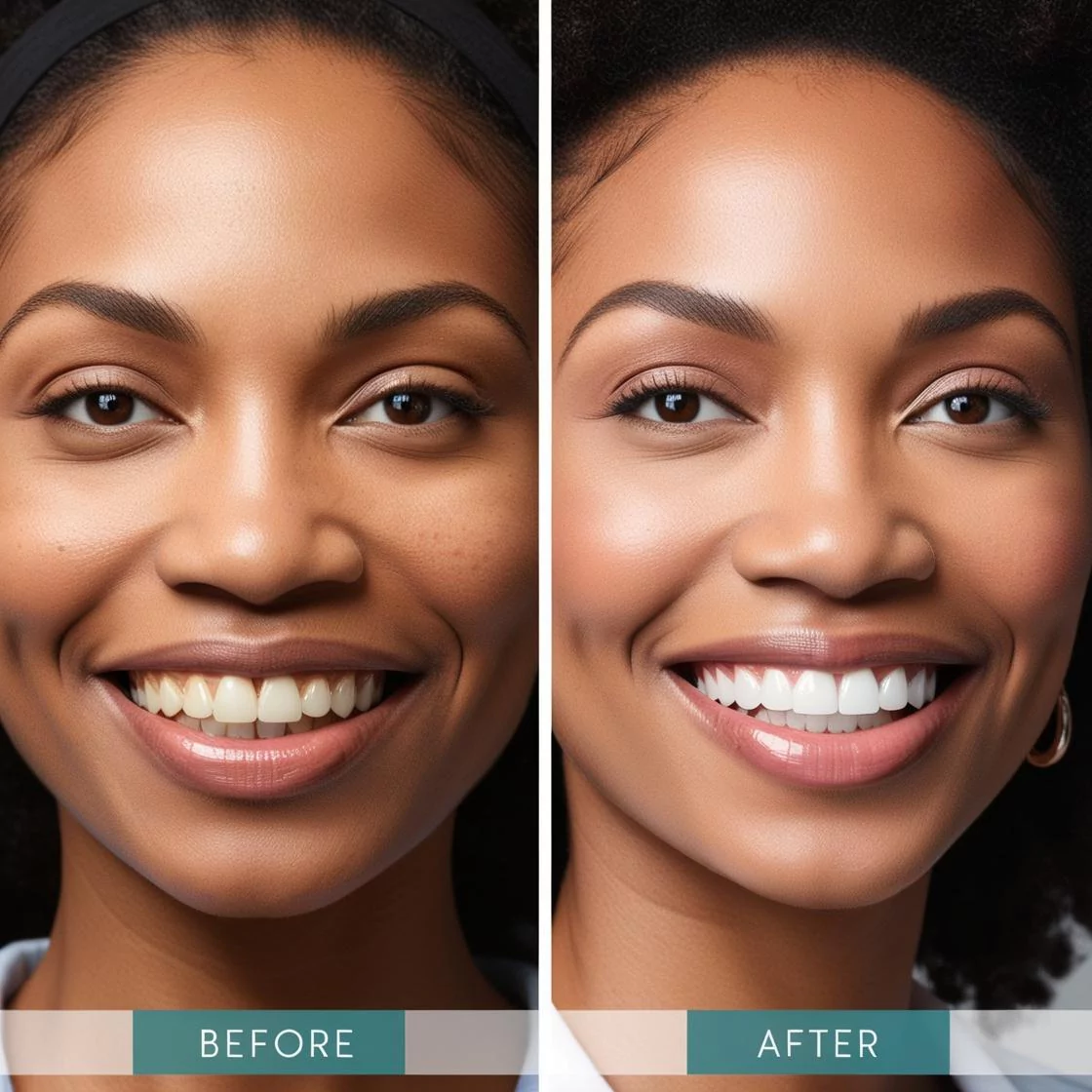 side-by-side comparison of a patient’s smile before and after a smile makeover.