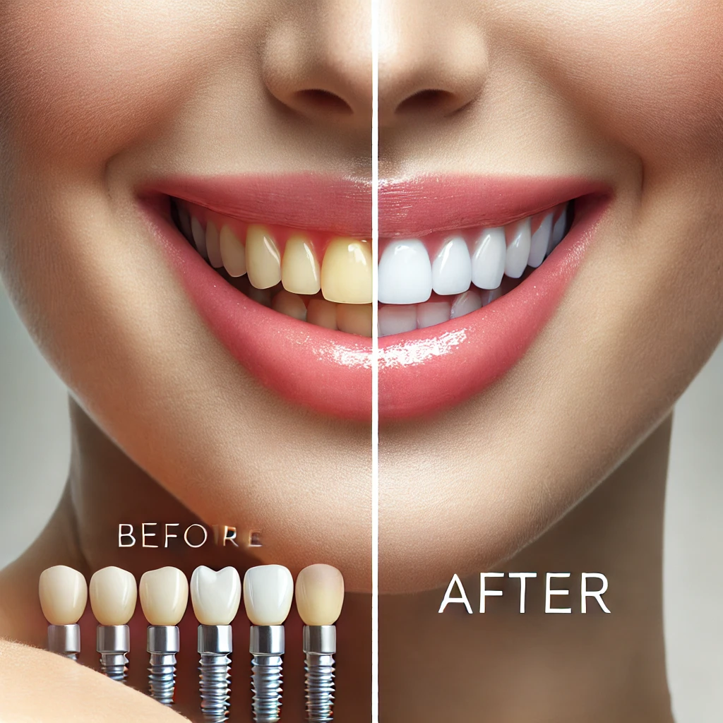 Split image showing a “before and after” of a patient’s smile transformation using dental implants.