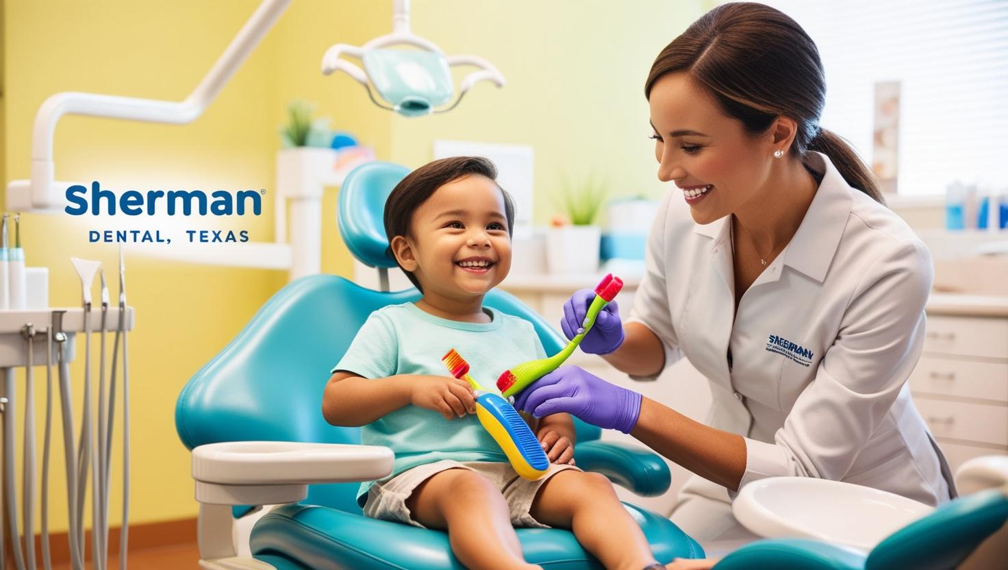 The child is sitting in a dental chair, smiling confidently, while the dentist explains the procedure or demonstrates brushing techniques