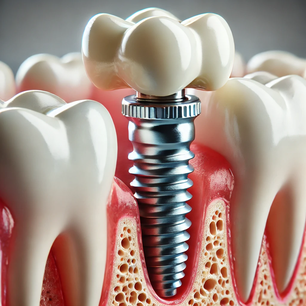 Close-up image of a dental implant model (showing the titanium post, abutment, and crown structure).