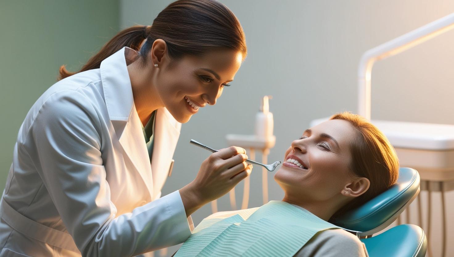 dentist or hygienist gently speaking with a patient who looks at ease in the dental chair