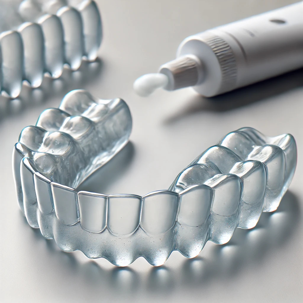 An image of the custom trays with whitening gel, showing what patients will receive in the take-home kit.