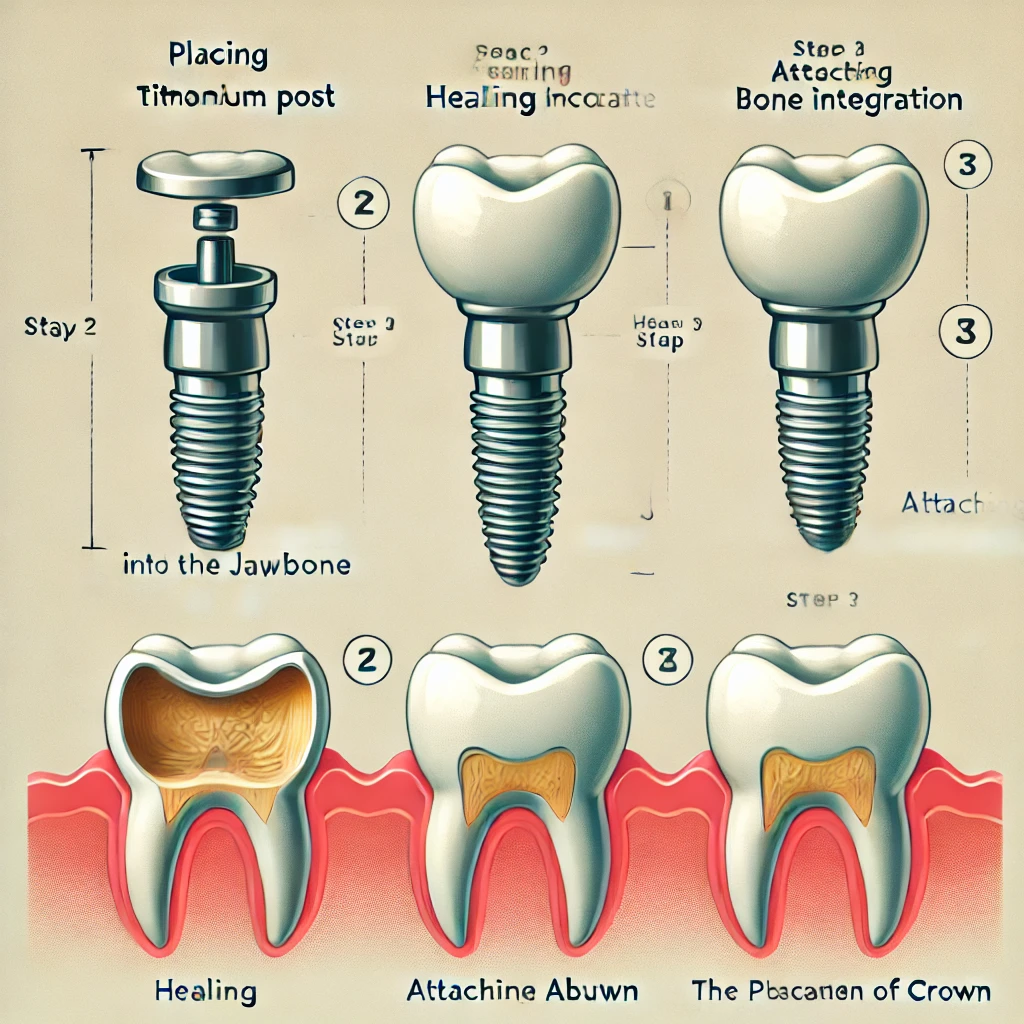 Dental implant procedure step-by-step, from placing the titanium post to crown attachment.