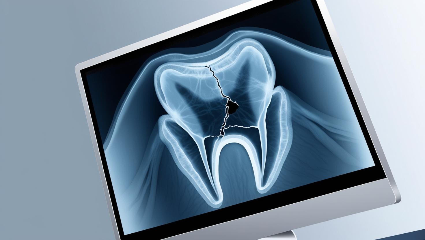 A clear, high-resolution image of a dental X-ray showcasing a cracked or broken tooth, adding a professional and technical touch.