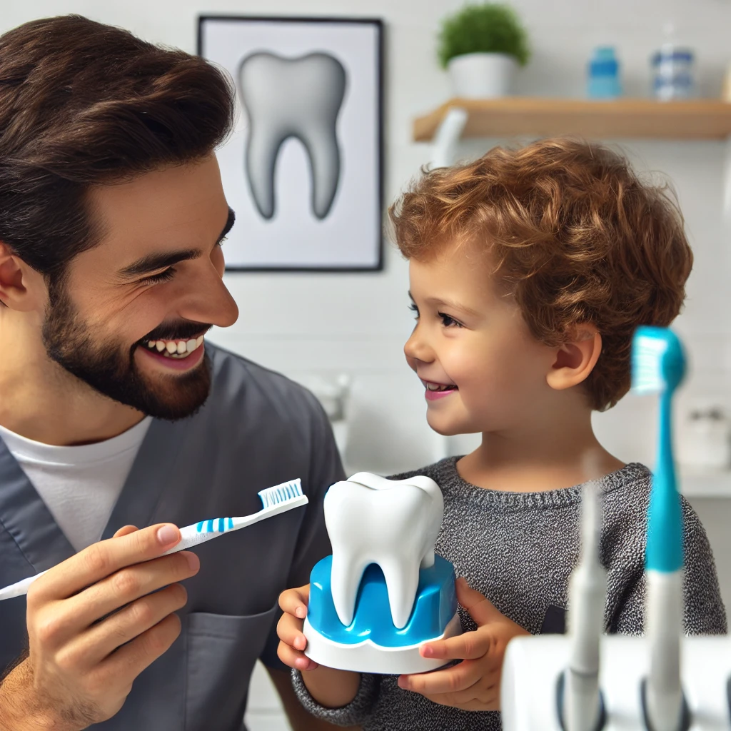 dentist demonstrating proper brushing techniques to a parent in a clean, modern dental office.