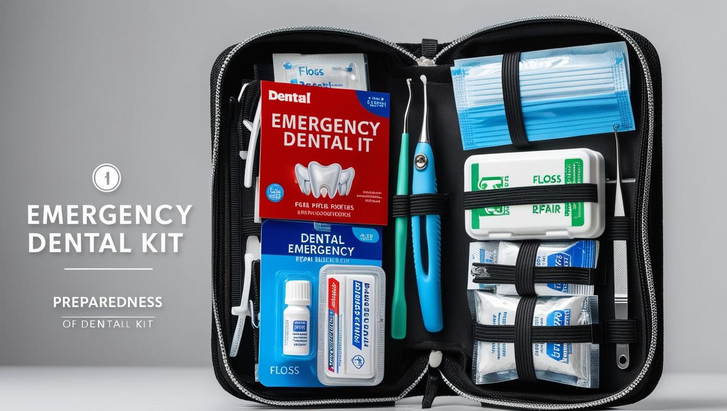 A clean, high-resolution image of an emergency dental kit with items like floss, a Save-a-Tooth kit, and pain relief medication, highlighting preparedness for dental emergencies