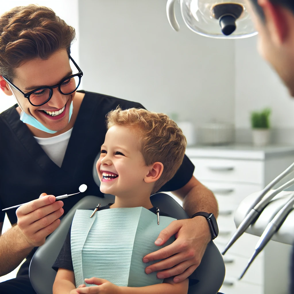 A young child sitting in a dental chair with a big smile, interacting with a friendly dentist.