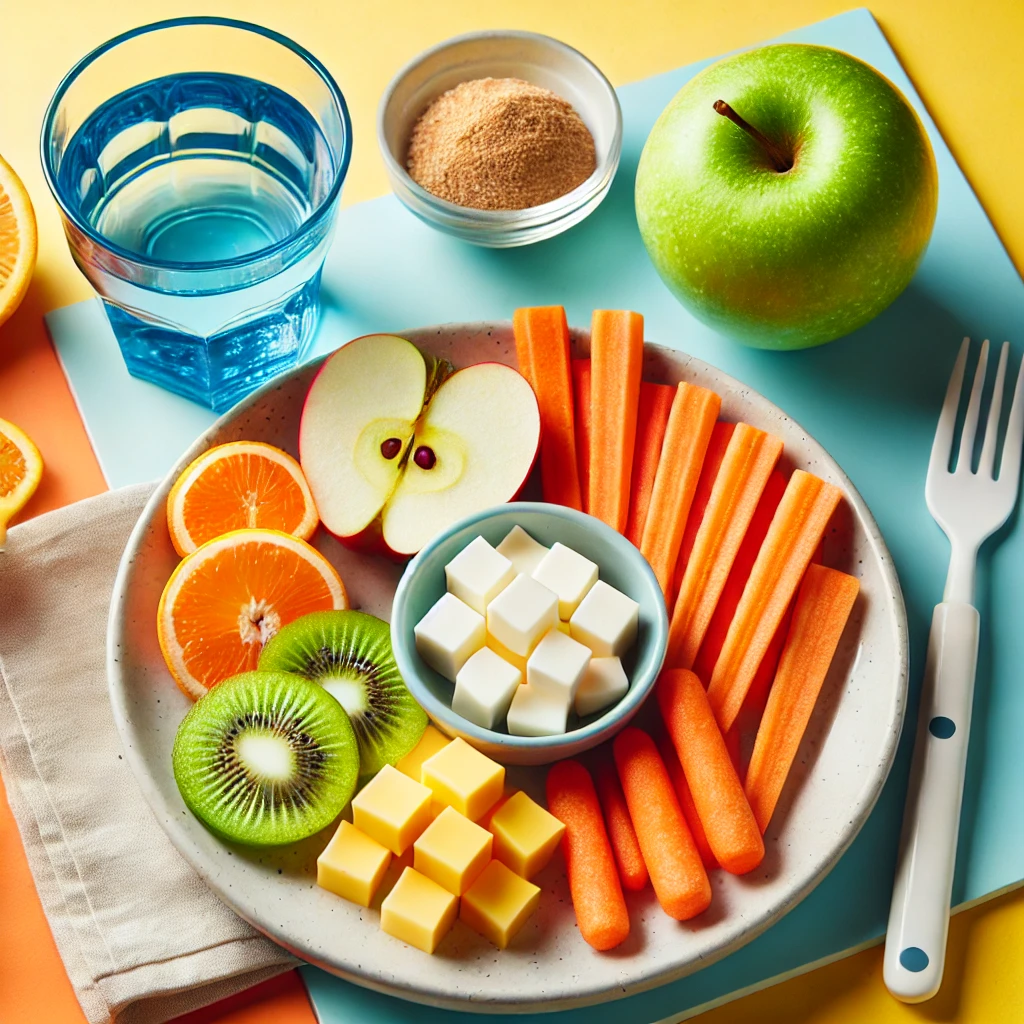 a colorful display of tooth-healthy snacks for kids.