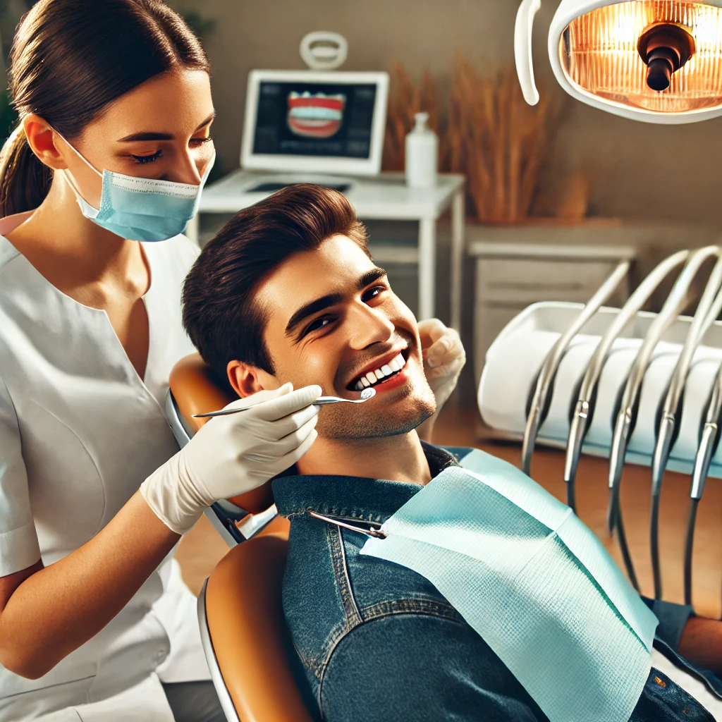 A patient comfortably sitting in the dental chair while a hygienist applies the whitening gel.