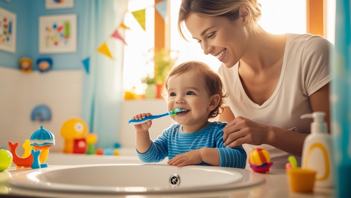 A parent helping a young child brush their teeth at home.