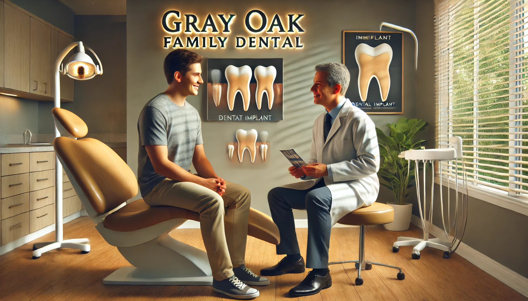 Patient consulting with a dentist in an office, discussing implant options.