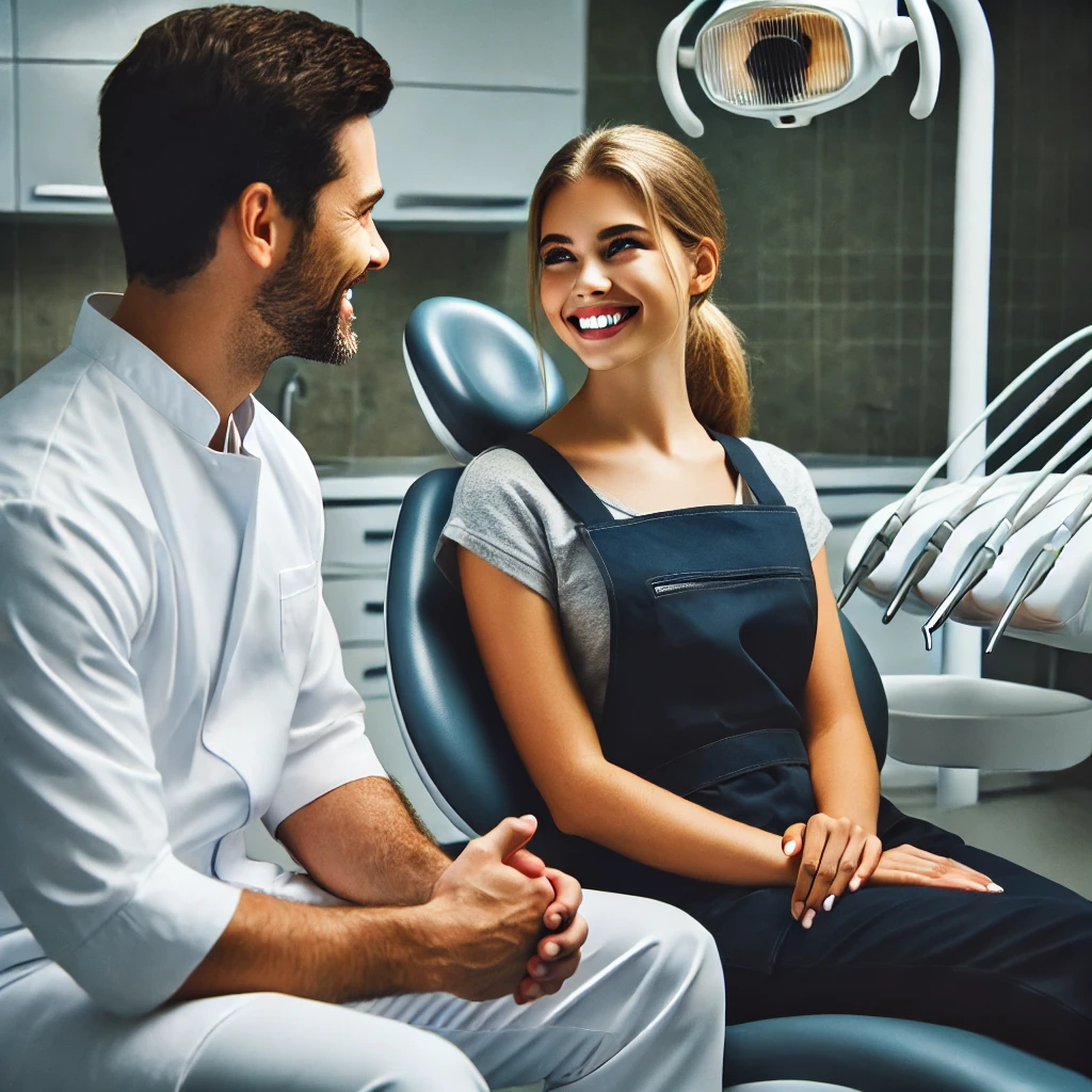 An image of a patient discussing whitening options with a dentist or hygienist, representing