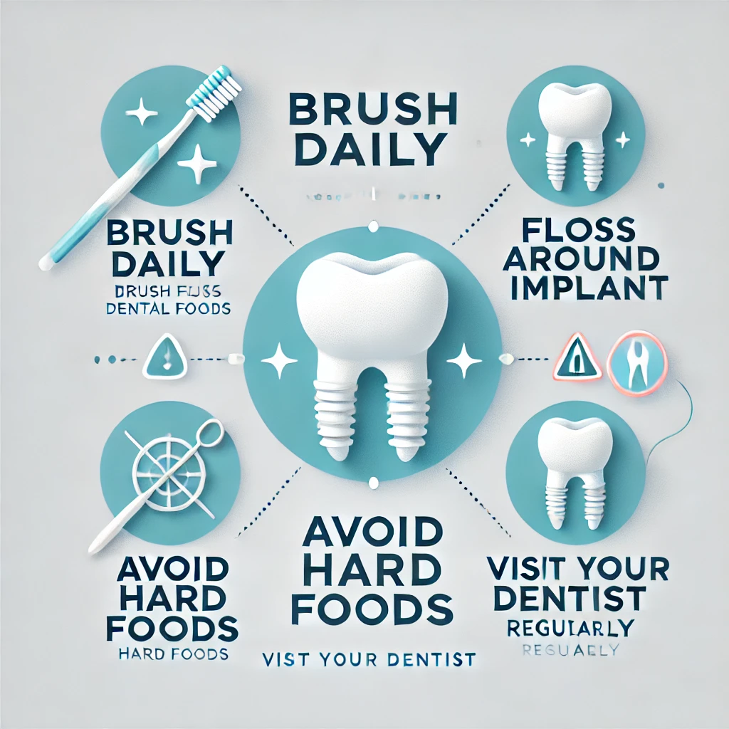 Recommended implant care, like brushing, flossing, and avoiding hard foods.