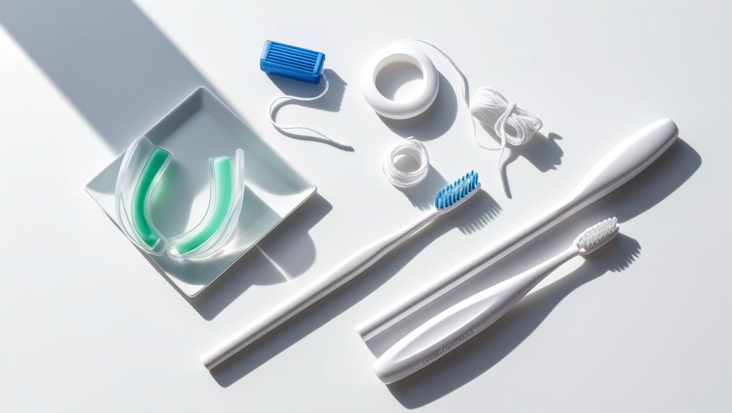 A flat lay of dental items like a mouthguard, floss, and a toothbrush on a clean white background, illustrating how to prevent emergencies.