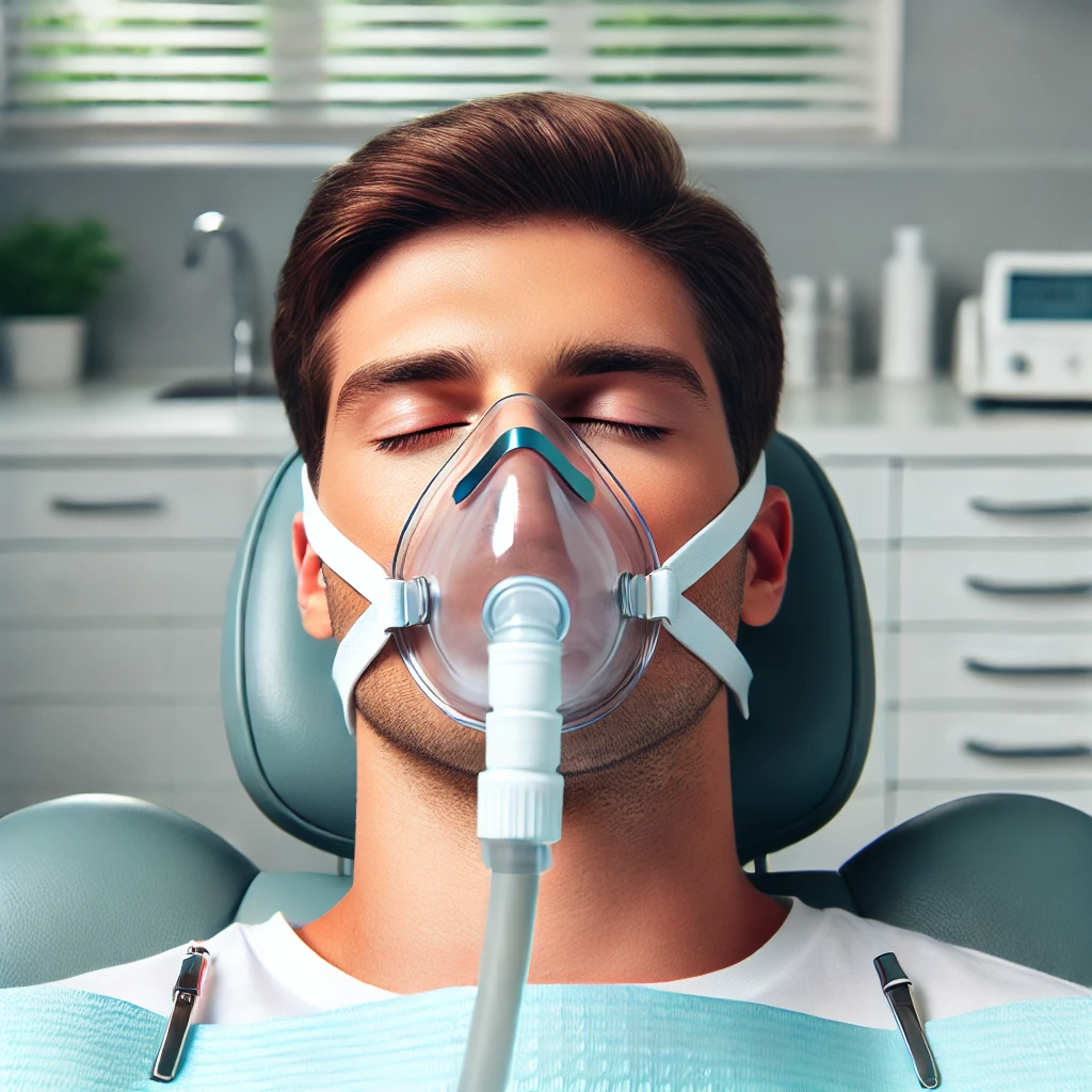 patient wearing a nitrous oxide mask with a serene expression