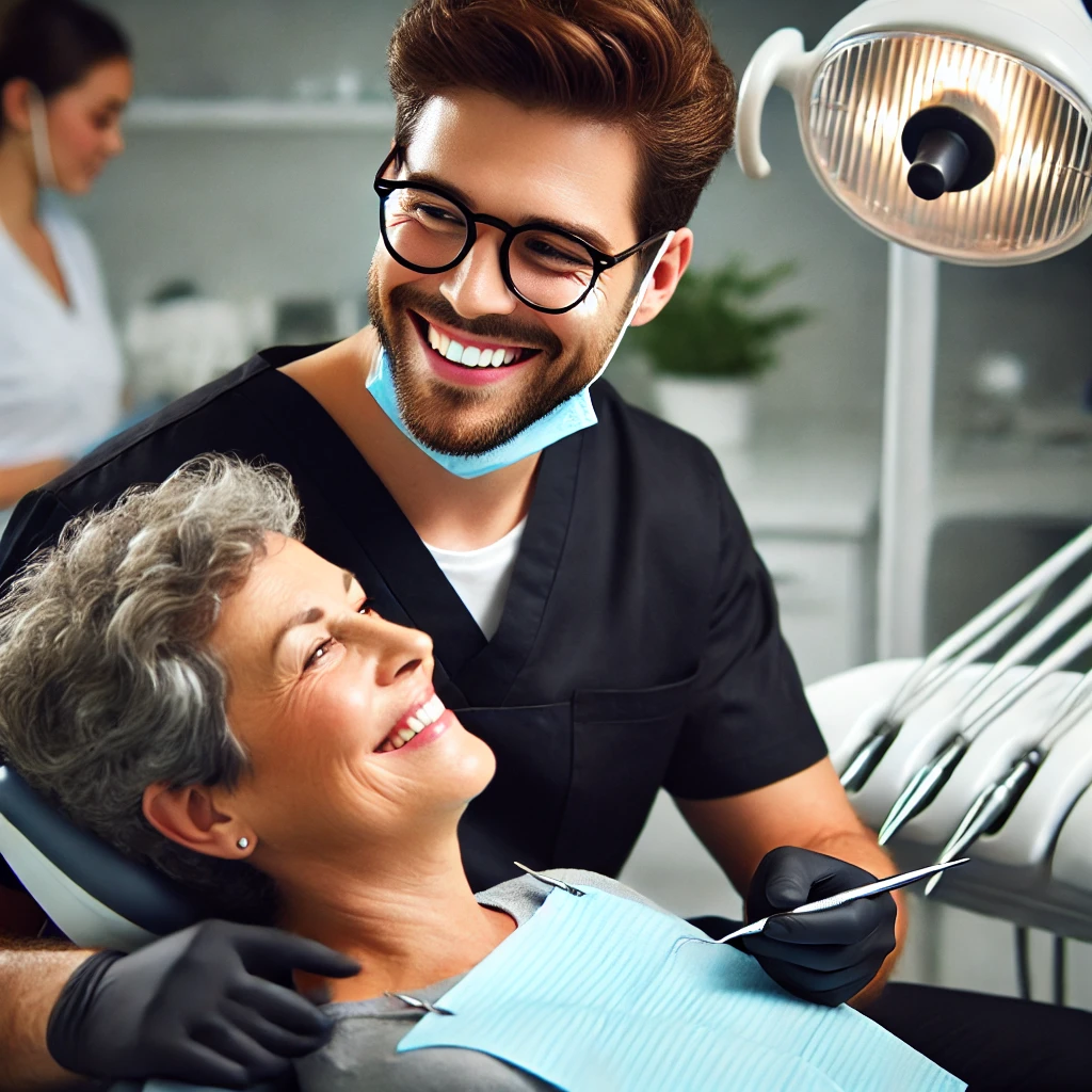 A gentle treatment scene, perhaps showing Dr. Firmage or a dental assistant working on a patient