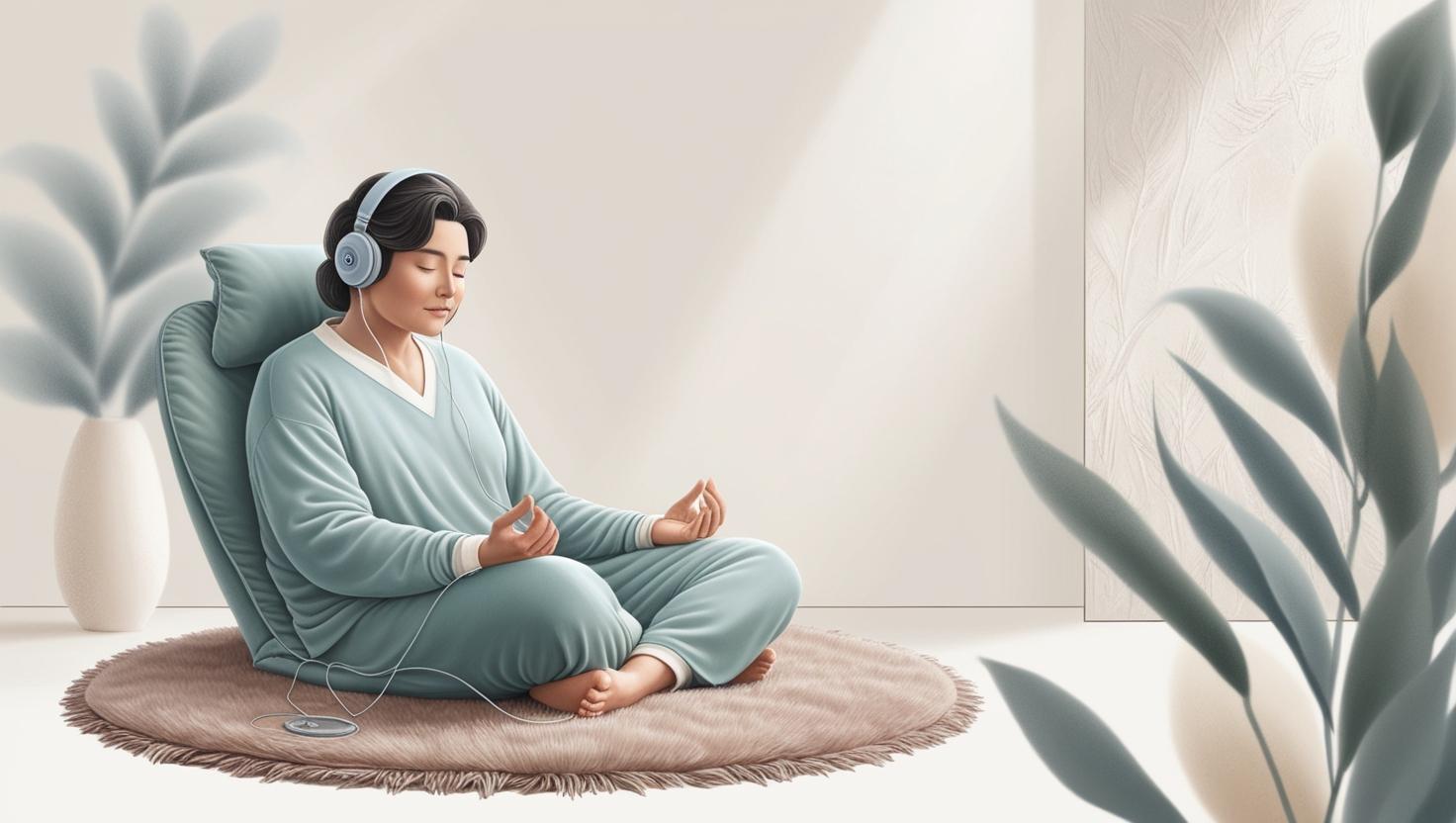 person practicing deep breathing, sitting calmly, or listening to music with headphones in a peaceful setting