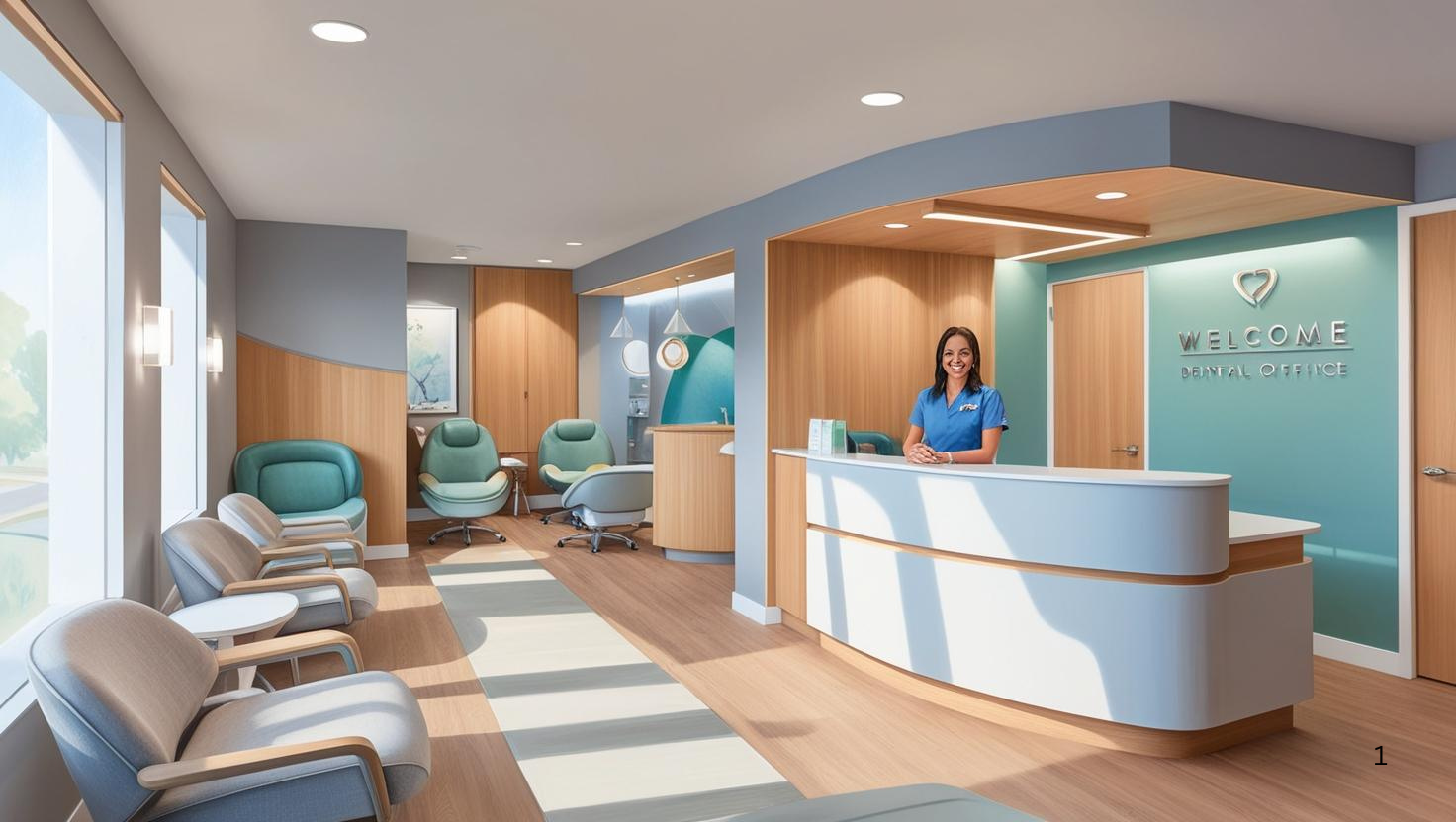 bright, modern dental office with comfortable seating, soft lighting, and a friendly receptionist