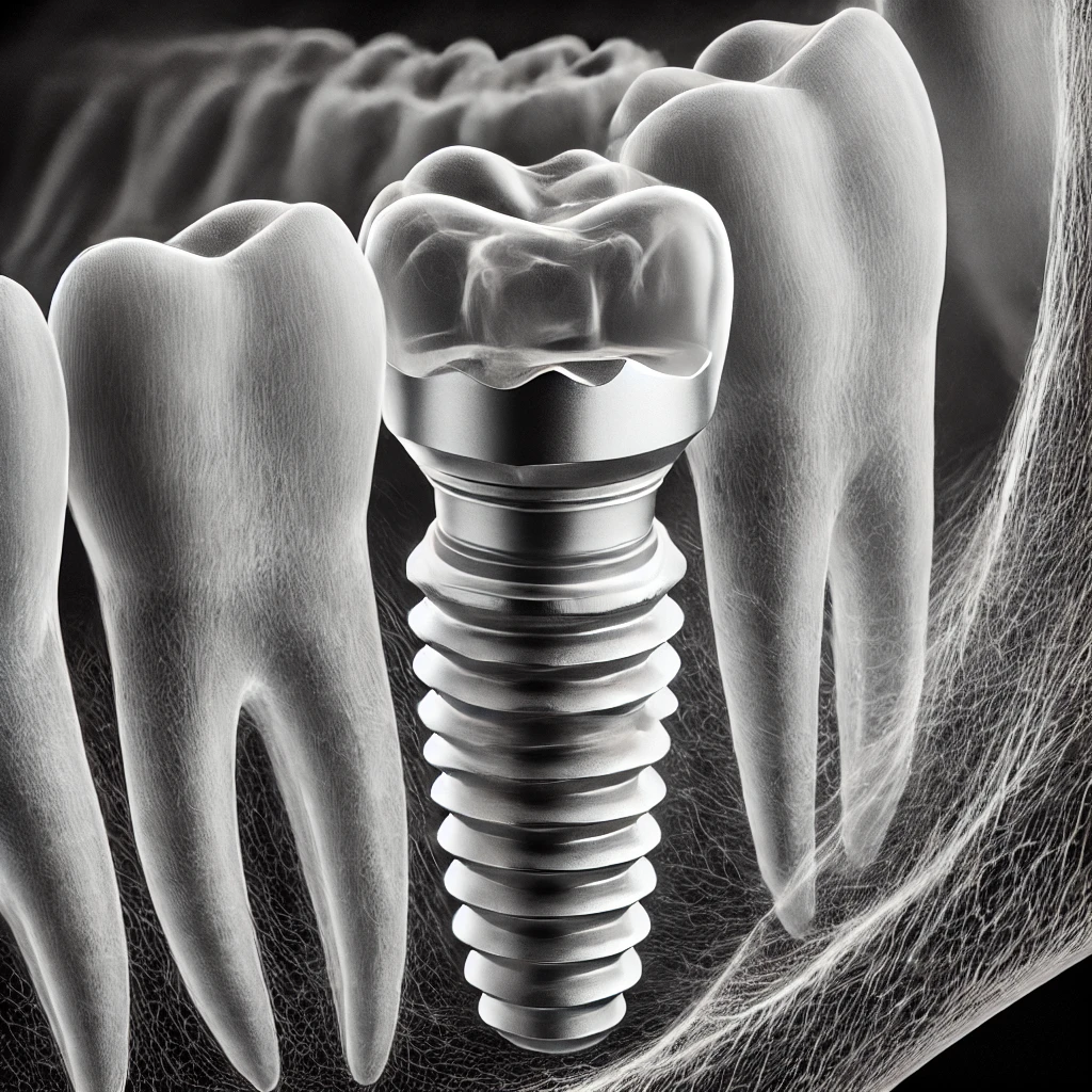 X-ray or digital image showing an implant securely placed in the jawbone.