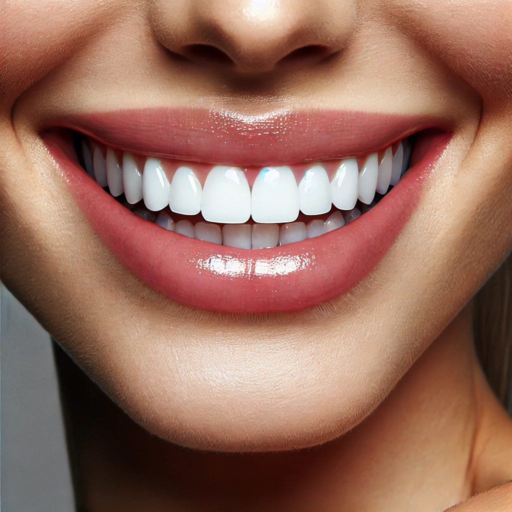 A close-up of bright, white teeth in a natural smile, illustrating the end result of the whitening treatment.