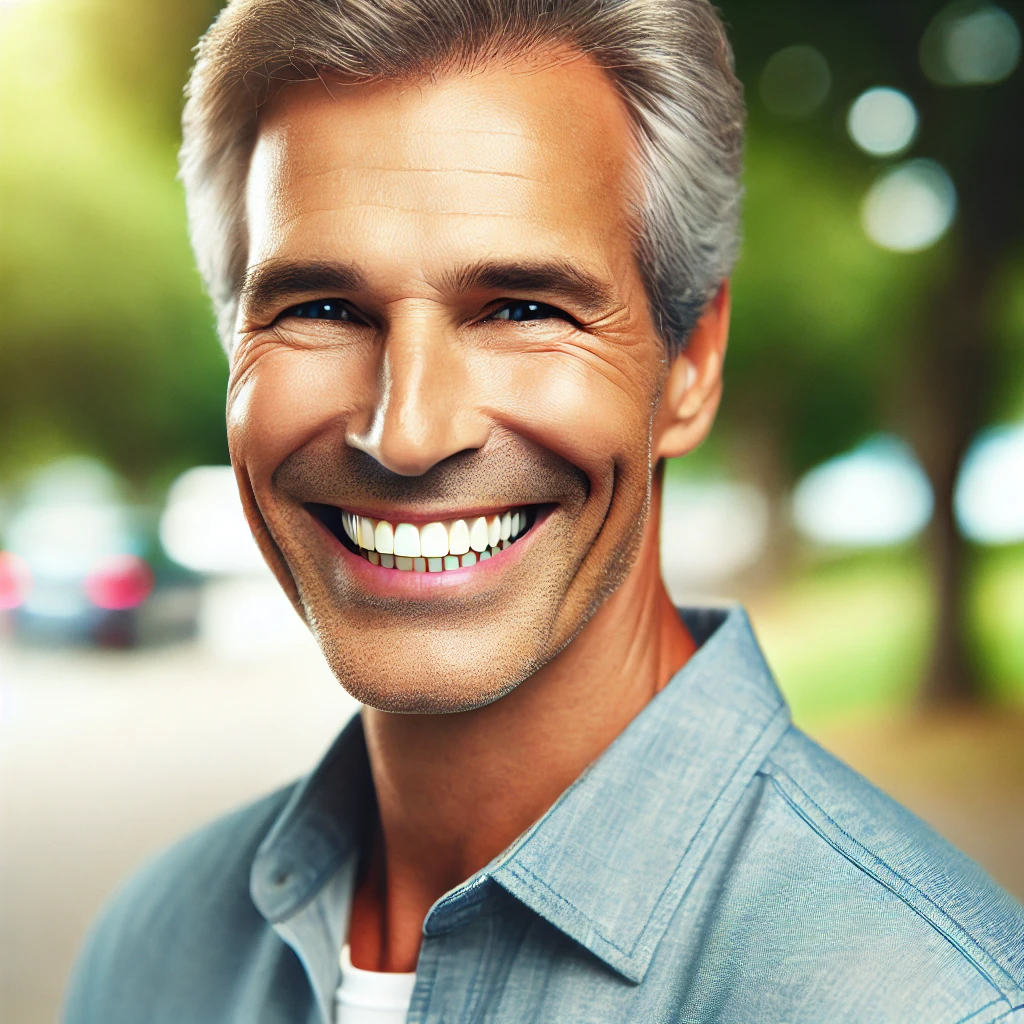 older adult with a confident, natural smile, showcasing the transformative effect of well-fitted dentures.