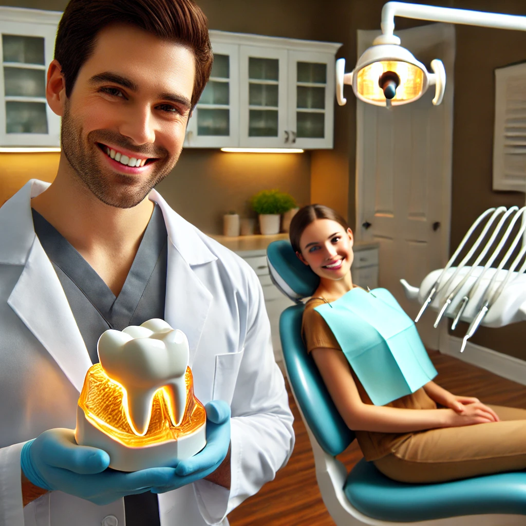 Close-up of a dentist placing a dental crown on a model tooth, illustrating precision and professionalism in a modern dental office.