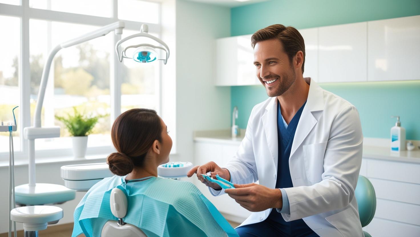 dentist discussing treatment options with a patient in a modern dental office, emphasizing a welcoming and professional atmosphere.