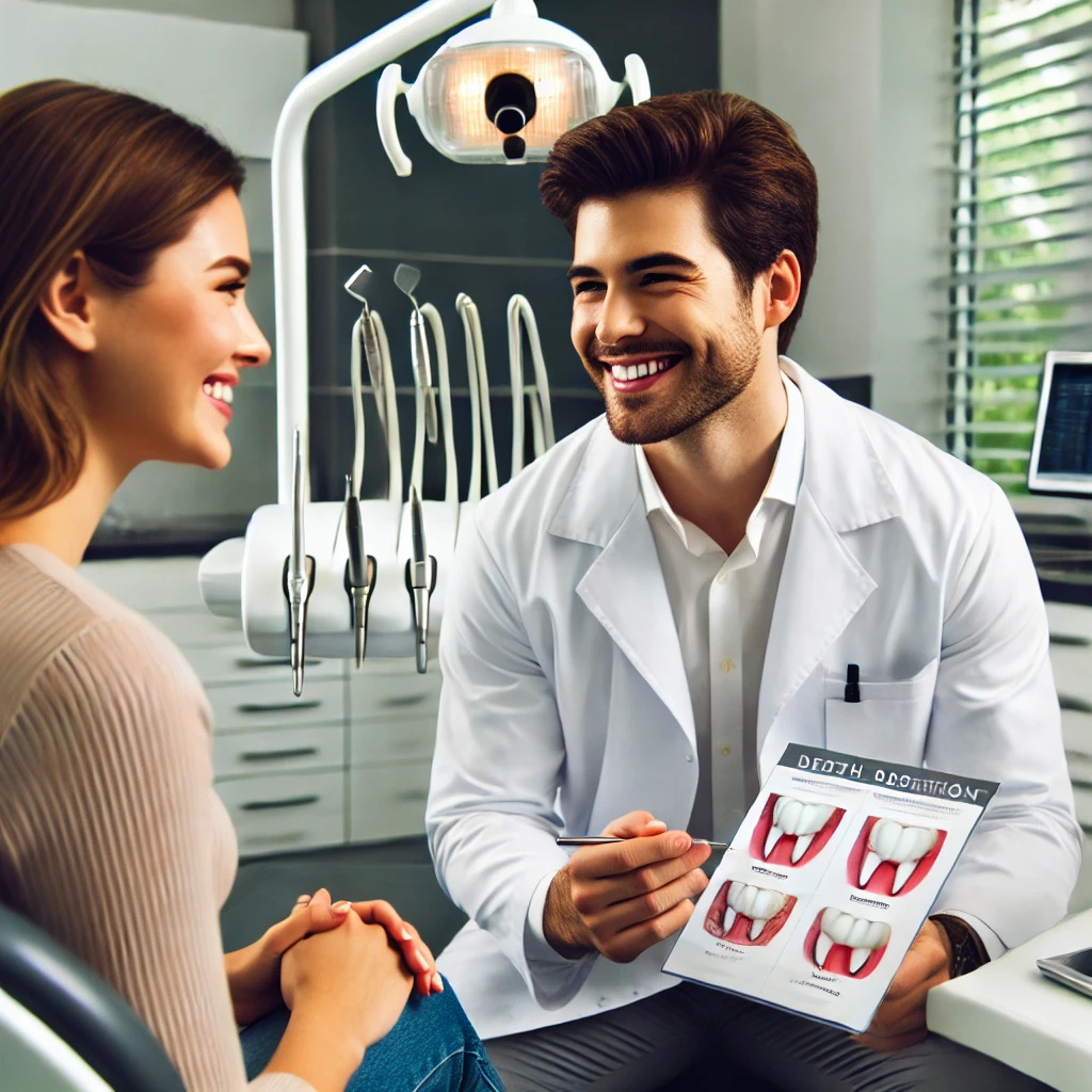 A smiling dentist showing a dental treatment chart to a happy patient in a modern dental office, emphasizing professional and personalized care