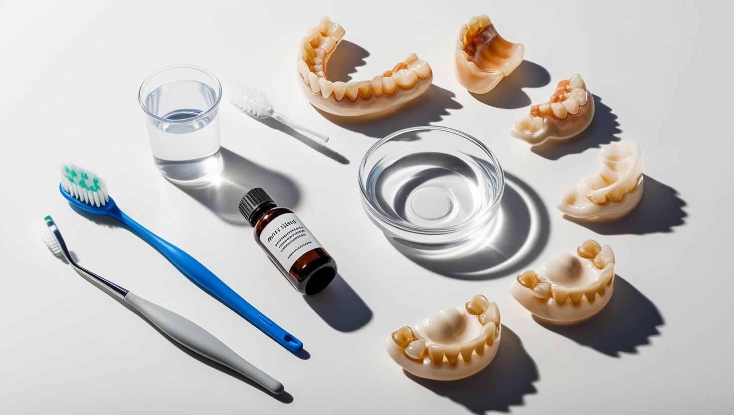 clear image of full and partial dentures displayed alongside cleaning tools like a soft-bristle brush, cleaning solution, and a soaking cup.