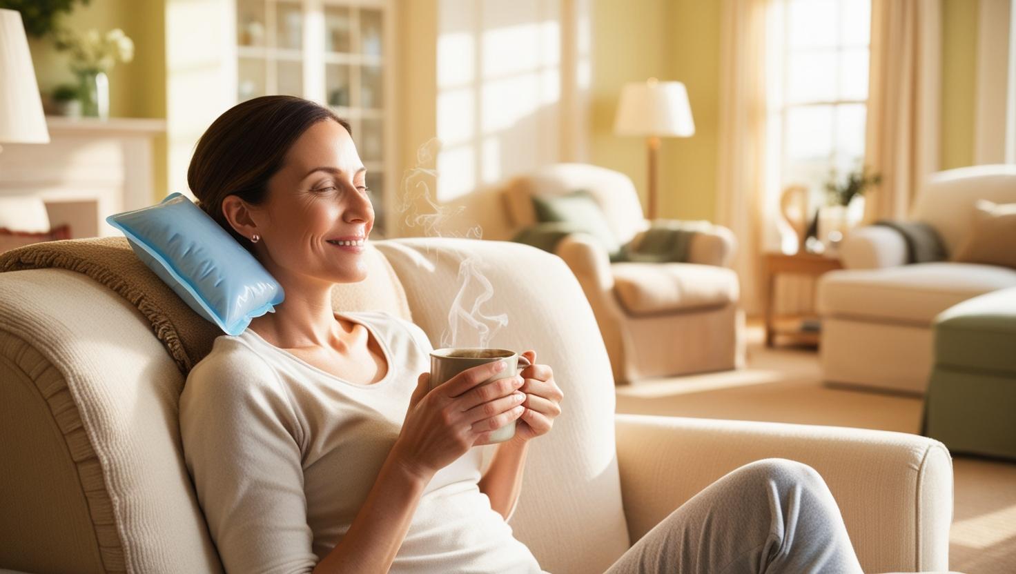 A patient at Sherman TX home , sitting comfortably on a couch with an ice pack on their cheek, holding a cup of tea