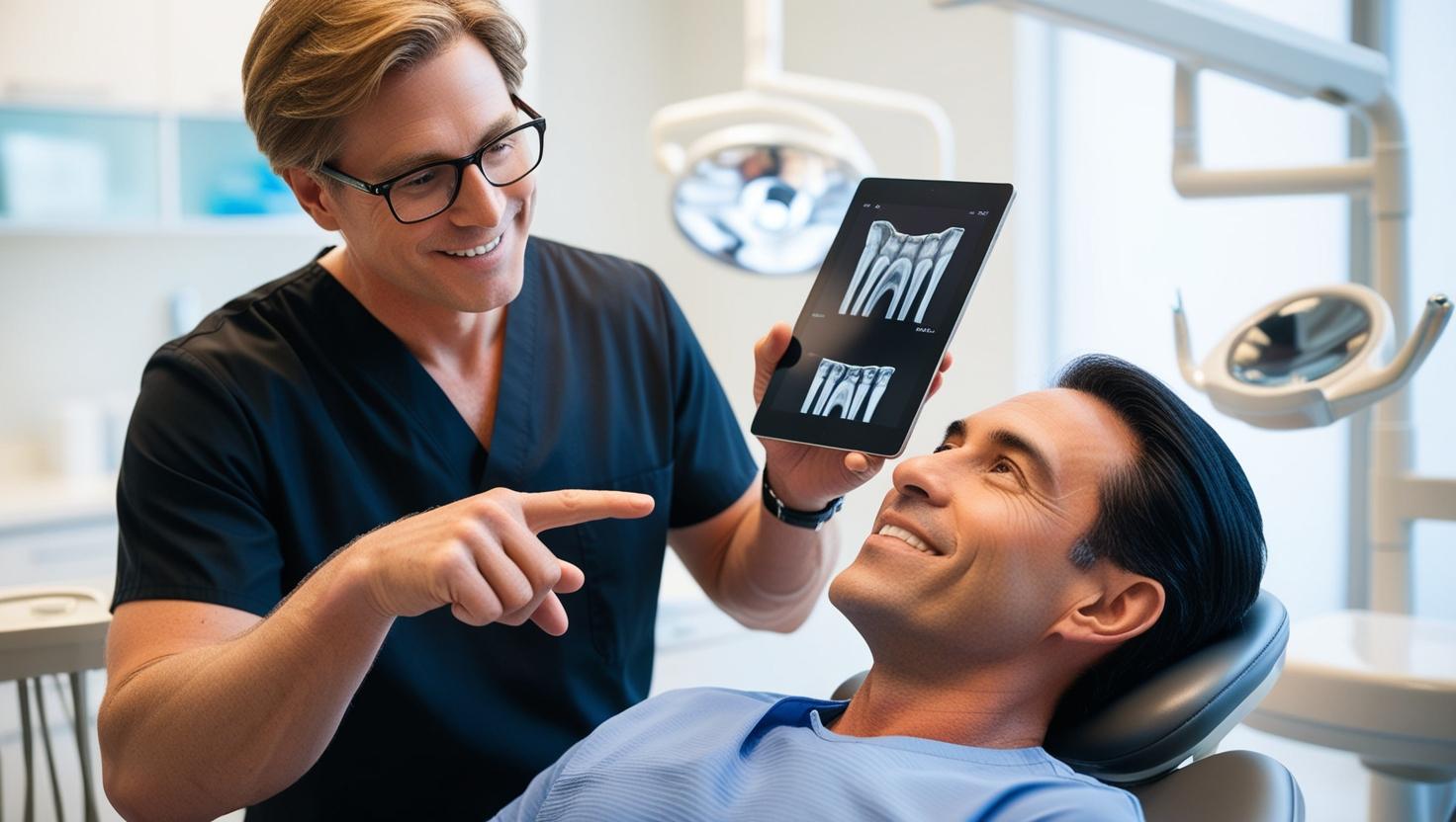 Dentist in Sherman TX pointing at an X-ray of wisdom teeth on a screen or tablet, explaining the procedure to the patient