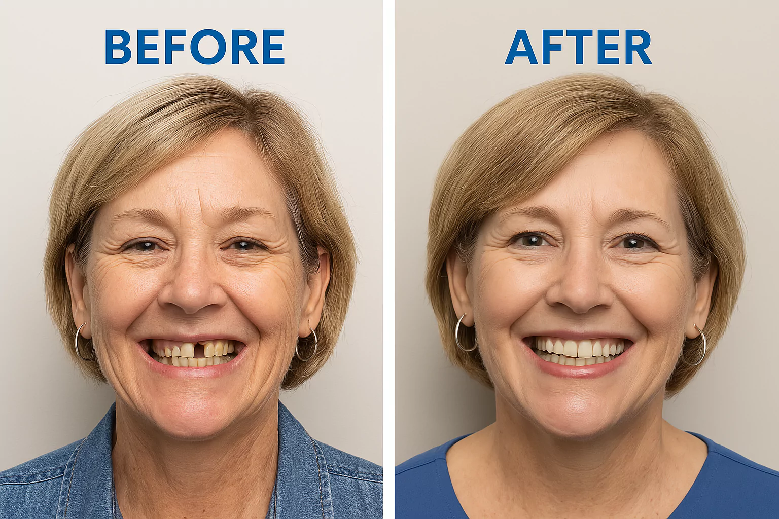 Before and after Stabiliteeth Sherman TX Before and after of a smiling woman showing the life-changing results of StabiliTeeth dental implants, featured in Gray Oak Family Dental's blog on tooth replacement options in Sherman, TX.