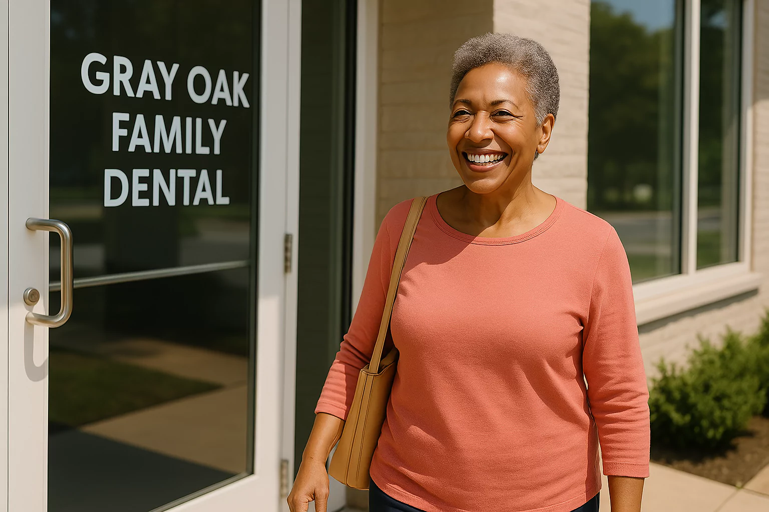Patient leaving the Gray Oak Family Dental office smiling Before and after StabiliTeeth results in Sherman TX – smiling woman showing implant-supported denture transformation at Gray Oak Family